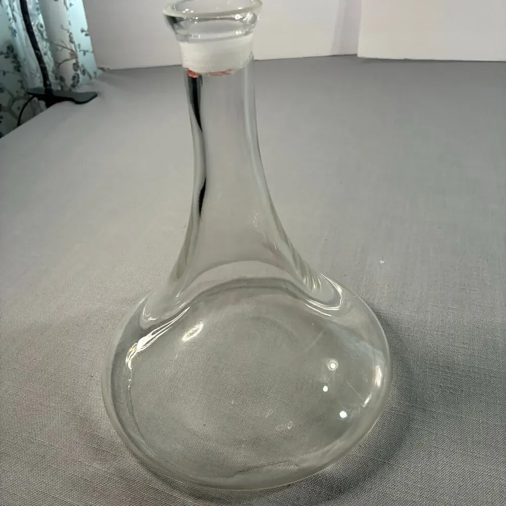 Vintage Clear Glass Decanter Carafe Round Flat Body Long Neck Bottle Vase 9 Inch